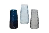 Decoris Vaas met golf textuur glas werk in blauwe tinten dia10x21,5cm 3 assorti