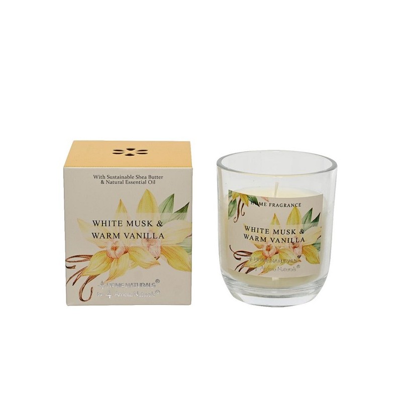 Decoris Geurkaars in glas Witte Musk en Warme Vanille 20% Shea butter wax dia7,8x9cm 20 branduren