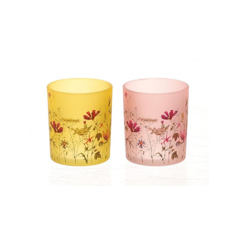 HBX Living Theelichthouder Medulin met bloemen dessin dia7x8,2cm 2 assorti geel of roze