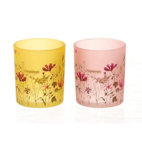 HBX Living Theelichthouder Medulin met bloemen dessin dia7x8,2cm 2 assorti geel of roze