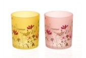 HBX Living Theelichthouder Medulin met bloemen dessin dia7x8,2cm 2 assorti geel of roze