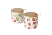 Boltze Home Jampotje Aardbei met bamboe deksel en lepel dia.7,5x8cm aardewerk, 2 ass potje is Vaatwasmachinebestendig