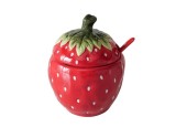 Boltze Home Jampotje 'Strawberry' met deksel en lepel van aardewerk 13x11x14cm rood handgemaakt