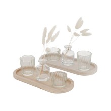 Boltze Home Dienblad Sindra met decoratie 25x10x12cm. 2 waxinelichtjes en 1 vaas op houten dienblad