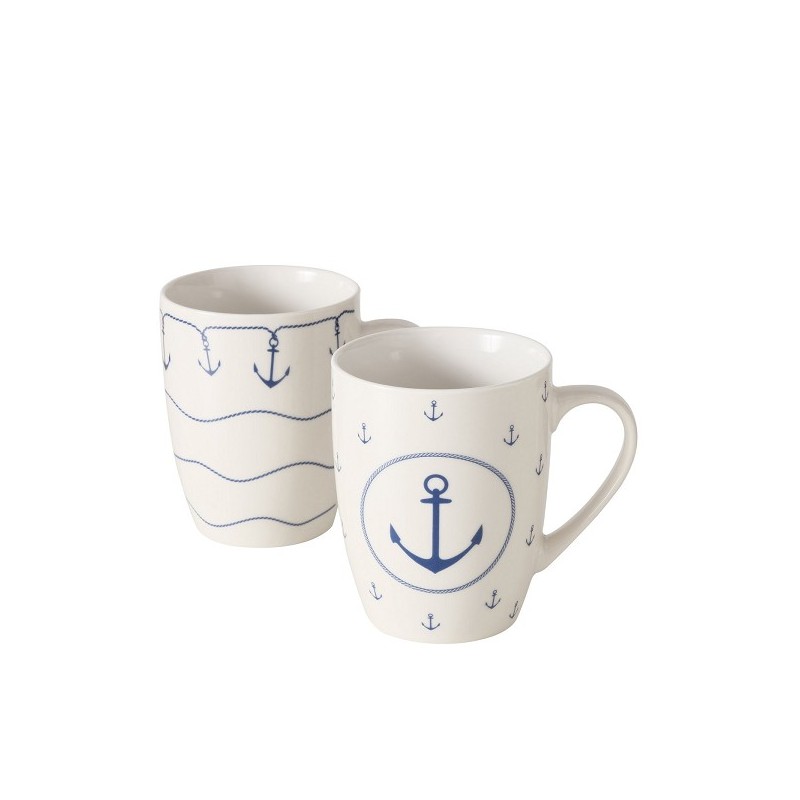 Boltze Home Mok 'Büsum' 350 ml wit met blauw anker motief dia.8,5x10,5cm porselein 2 assorti
