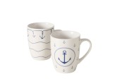 Boltze Home Mok 'Büsum' 350 ml wit met blauw anker motief dia.8,5x10,5cm porselein 2 assorti