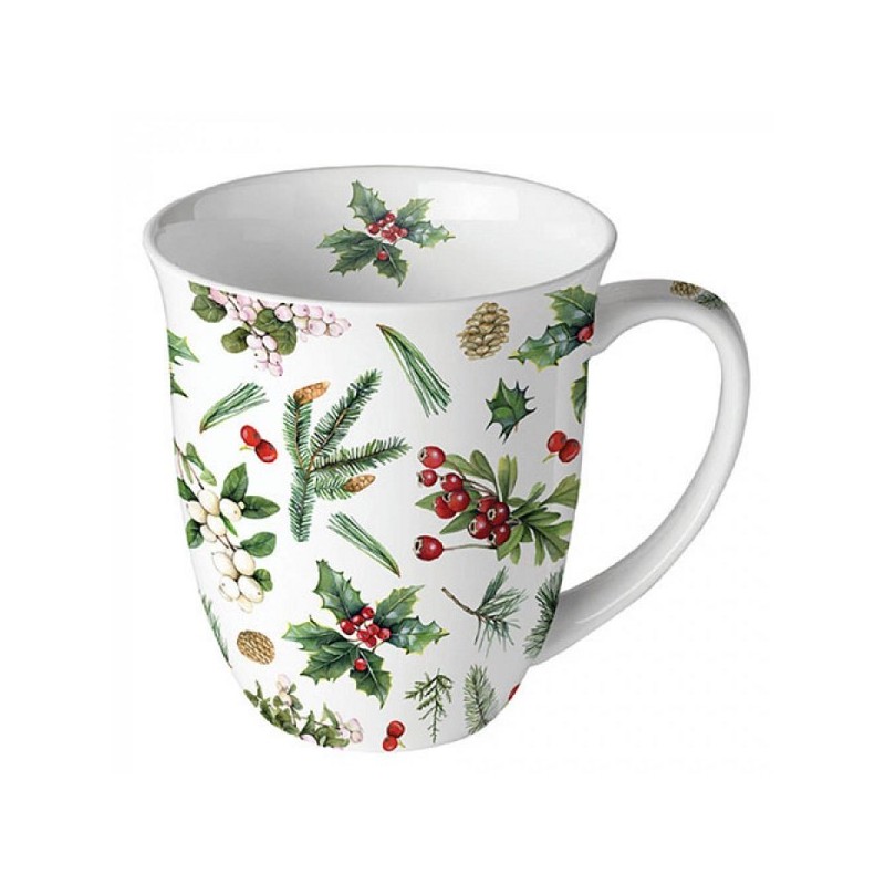 Ambiente Mok Winter greenery 400ml porselein wit dia10x10,5cm