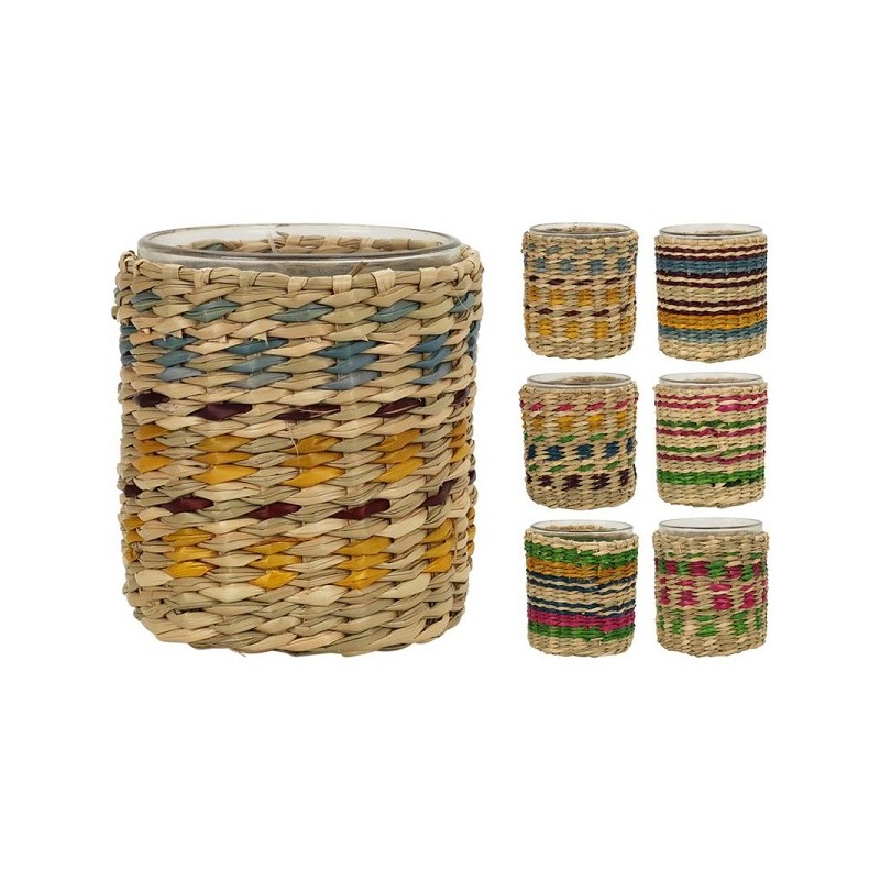 Theelichthouder met zeegras multicolour H8cm