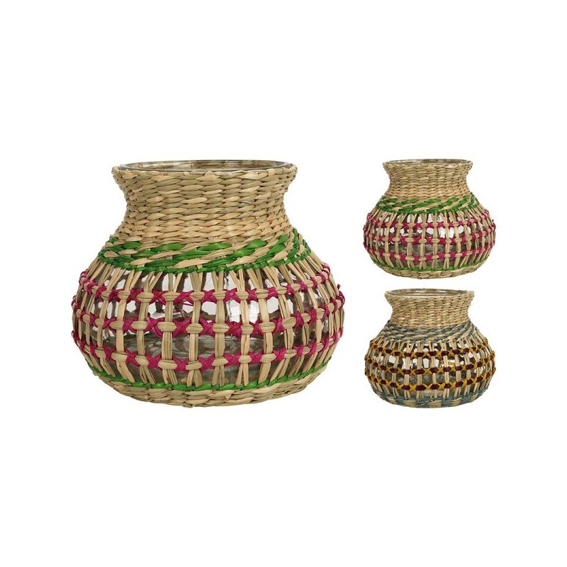 Vaas/windlicht zeegras met glas h15cm
