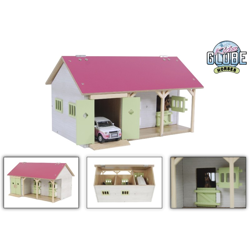 Kids Globe paardenstal met 2 boxen en berging 1:32 34x22x19cm roze (exclusief accessoires)