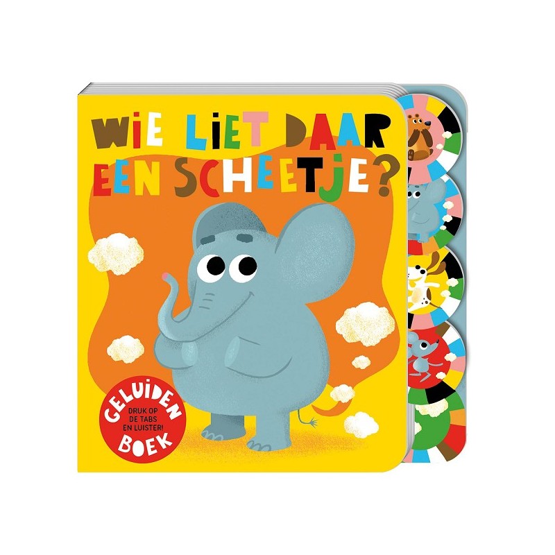 Geluidenboek Wie liet daar een scheetje 20x20cm Boek met 5 scheetgeluiden buttons