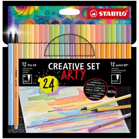 Stabilo Arty Creative set Pen 68/Point 88 étui de 24 couleurs, 12 feutres et 12 fineliners