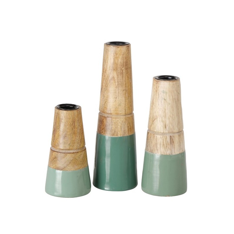 Boltze Home Ensemble de bougeoirs Hotou 3 pièces en bois de manguier vert
