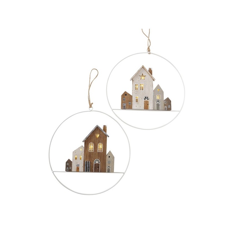 Boltze Home Deco Hanger Houses huisjes in metalen ring Ø30cm metaal/hout LED ( exclusief batterij)