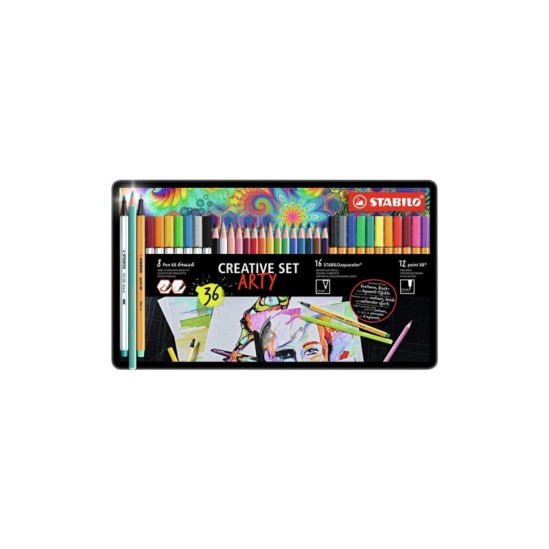 Stabilo Arty Creative coffret métal 36 couleurs (8x stylo 68, 16x crayons, 12x pointe 88)