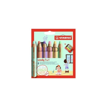 Stabilo Woody coffret de crayons de couleur 3 en 1 avec pochette taille-crayon et 6 couleurs pastel