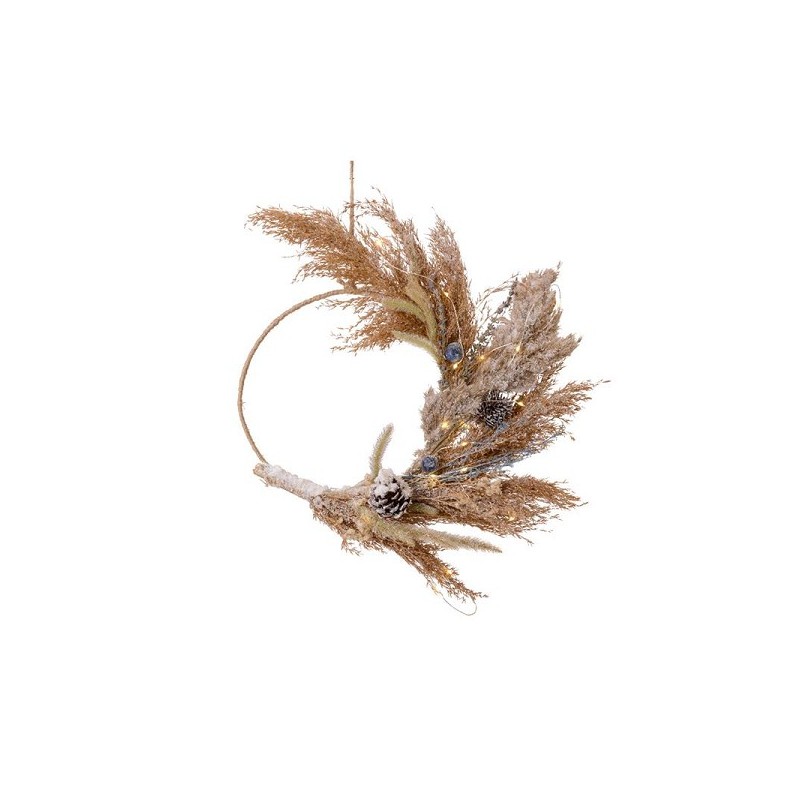 Couronne Lumineo avec fleurs séchées / panaches et 20 lampes micro LED 35x40x5cm fonctionne sur batterie avec minuterie