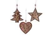 Decoris Kerst Ornament Figuur mdf Ster, Hart OF Kerstboom 10,5x10,5cm
