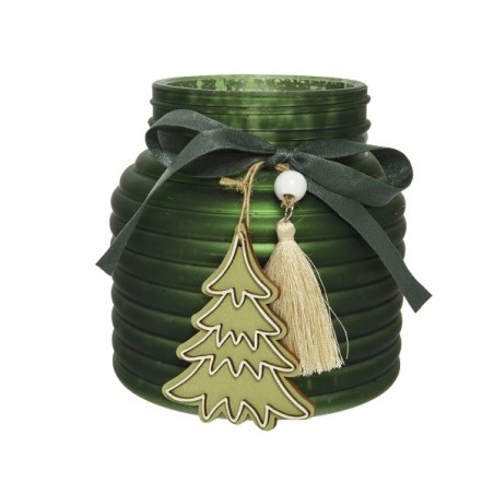 Decoris Photophore verre Ø11x11,5cm vert avec ruban