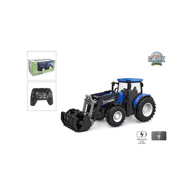 Kids Globe RC tractor 2.4GHZ licht en frontlader 27cm blauw met afstansbediening