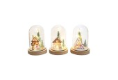Cloche verre/bois avec maison de Noël LED 17cm