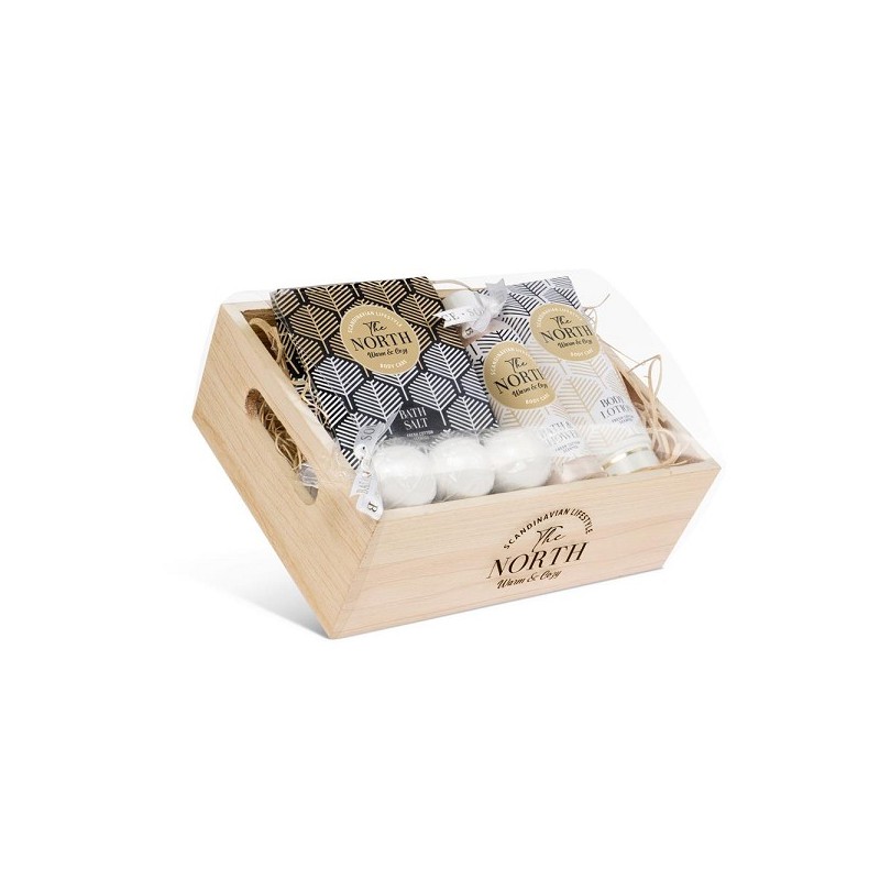 The North Badgeschenkset Badzout, Bad fizzer, douche/bad gel en bodylotion in houten kistje
