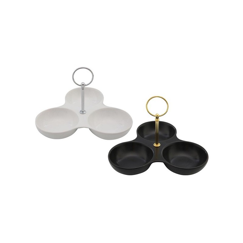 Serveerschaal 3-vaks chroom greep 20x20cm porselein zwart of wit