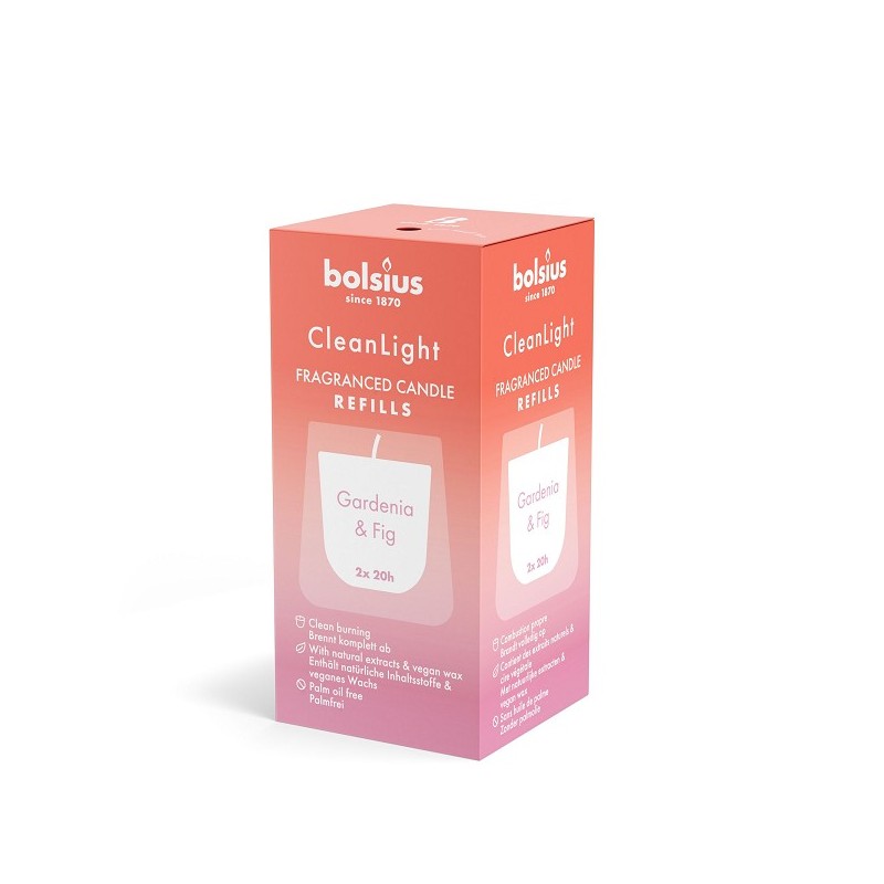 Bolsius Clean Light Recharge parfum 20h Gardénia & Figue boîte de 2 pièces