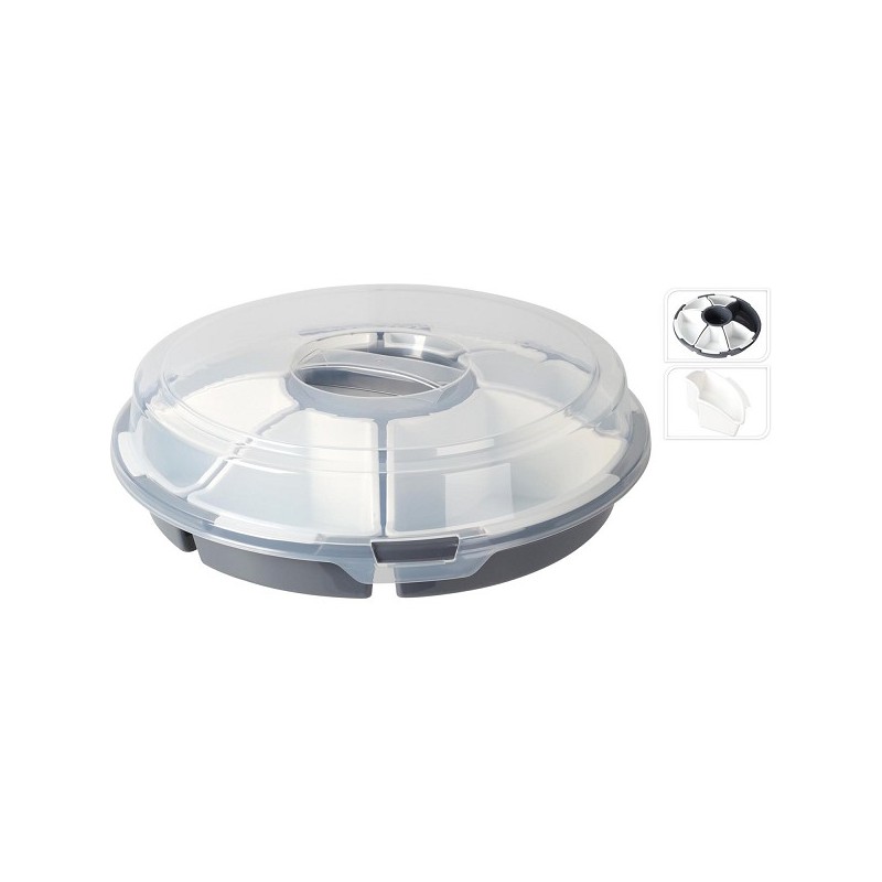 Serveerschaal met vakverdeling en deksel kunststof Ø33xh9cm grijs