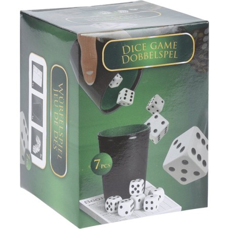 Jeu de dés avec tasse et 6 dés et bloc de score
