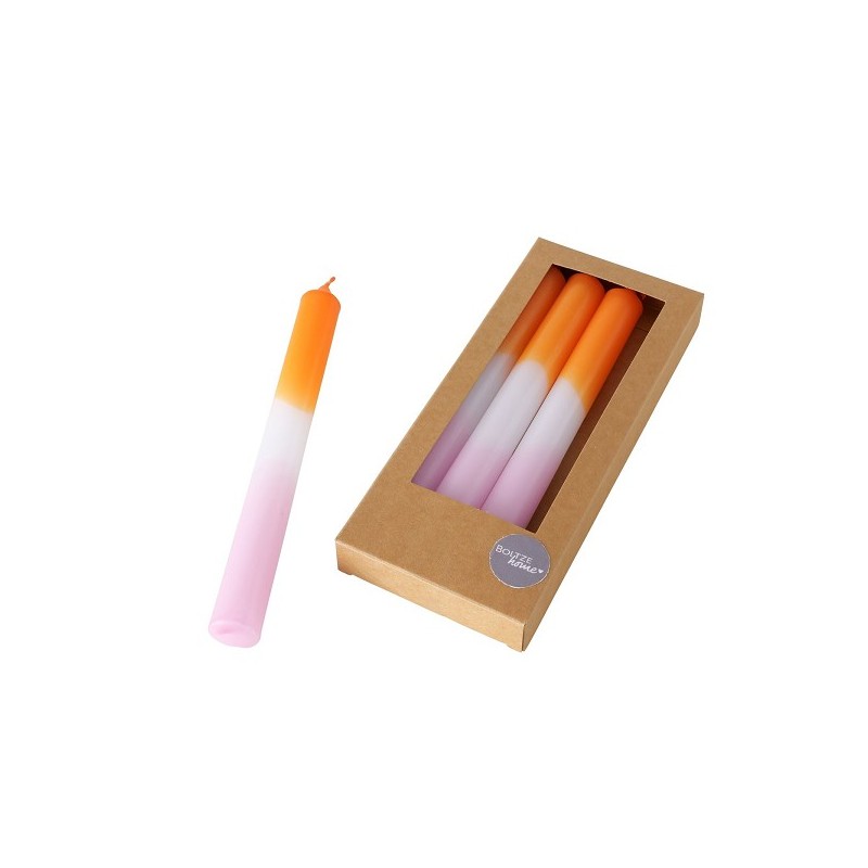 Boltze Home Bougies de dîner Splash- 4 pièces en boîte- H20cm dia 2.15cm -Dip Dye couleur rose/orange