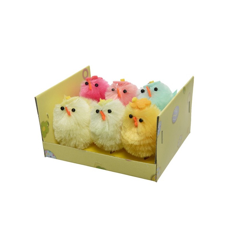 Decoris  Kip chenille gekleurd L3-W2.8-H4cm doosje a 6 stuks