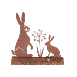 Objet déco Lapins avec fleur métal sur bois 20x5x20,5cm Couleur rouille rouille