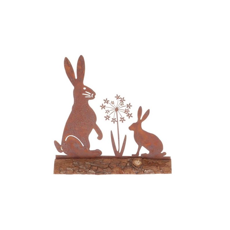 Deco object Konijnen  met bloem metaal op hout 20x5x20,5cm Rusty-roestkleur