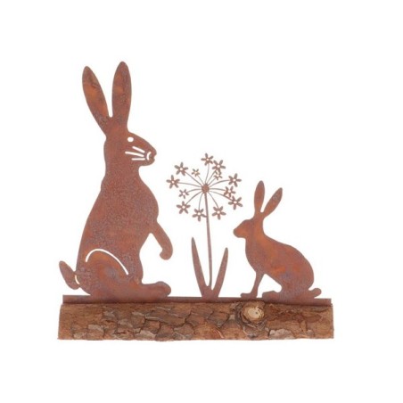 Objet déco Lapins avec fleur métal sur bois 20x5x20,5cm Couleur rouille rouille