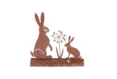 Deco object Konijnen  met bloem metaal op hout 20x5x20,5cm Rusty-roestkleur