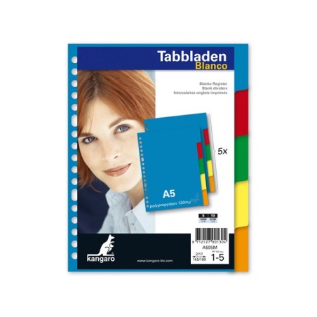 Kangaro Tabblad A5 Blanco PP 120 Micron Assorti 17-gaats 5-delig Kunststof