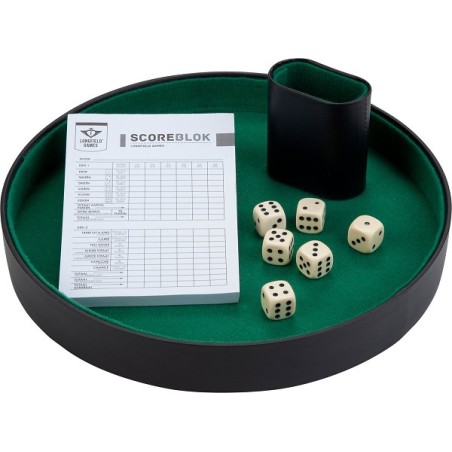Dobbelset compleet met 6 dobbelstenen, pokerpiste, scoreblok, dobbelbeker