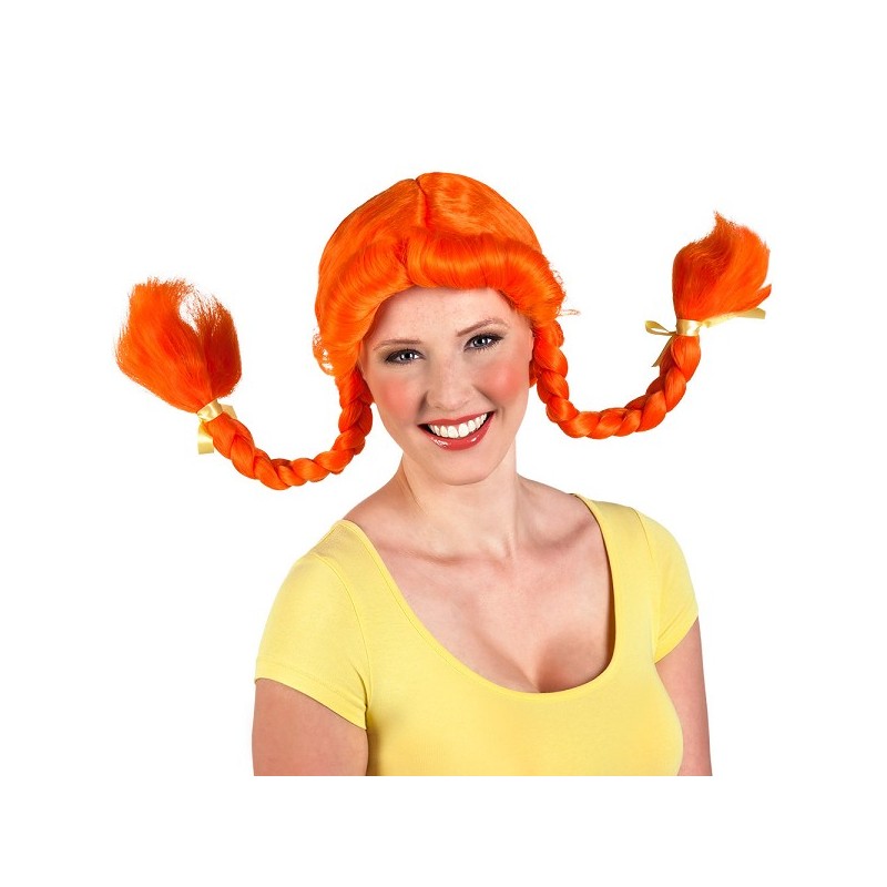 Pruik met oranje vlechten en strik