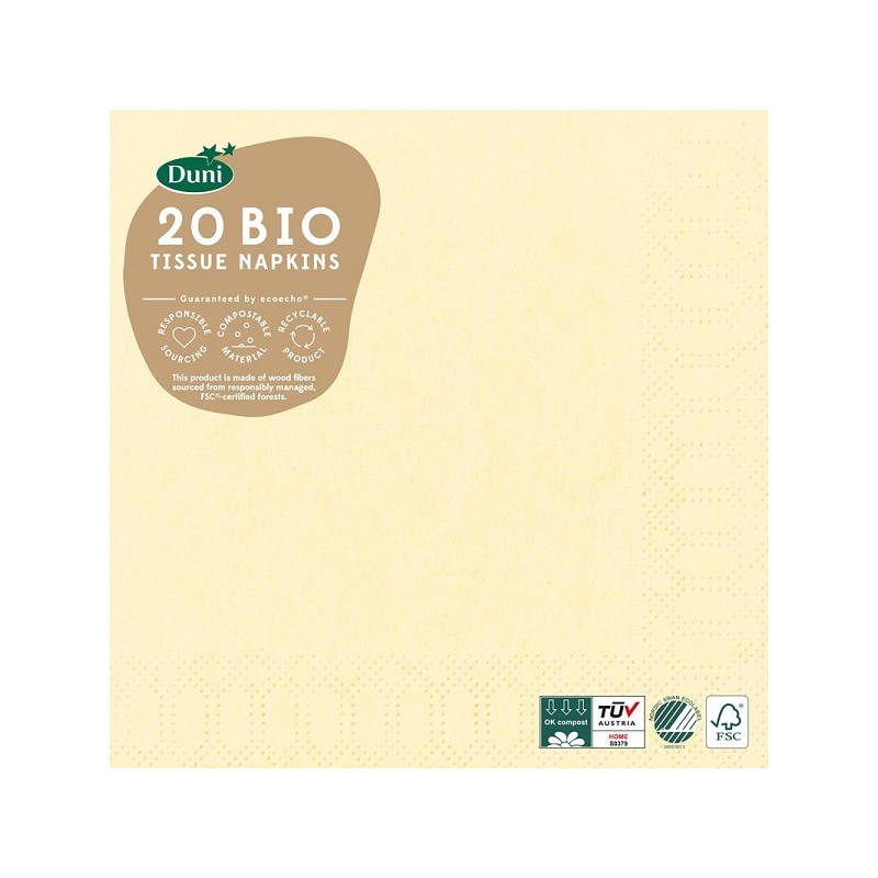 Serviettes Duni 33x33 Earthy Champagne ivoire tissu 3 épaisseurs FSC lot de 20 serviettes