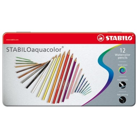 Stabilo 12 crayons de couleur aquacolor en boîte métal
