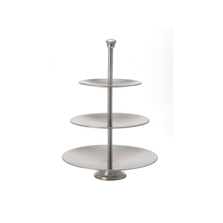 Etagere 3 couches en acier inoxydable de 36,5 cm. Les plaques de diamètre sont de 25 cm, 20,5 cm et 16 cm.