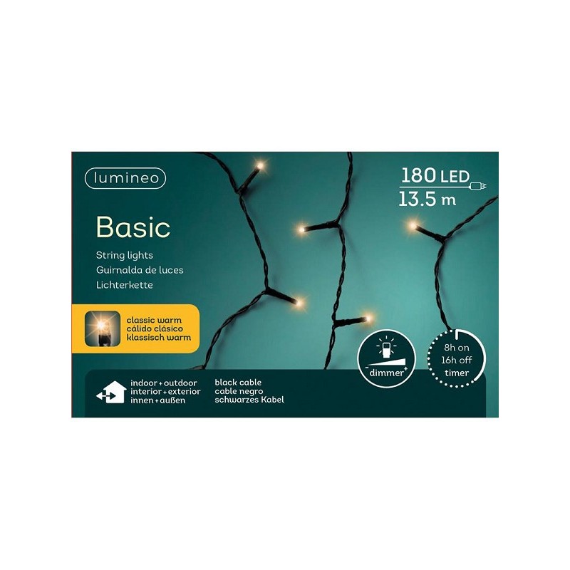 Guirlande lumineuse LED Lumineo 13,5 m 180 lumières blanc chaud. Avec minuterie de 8 heures et fonction de gradation - Pour l'in