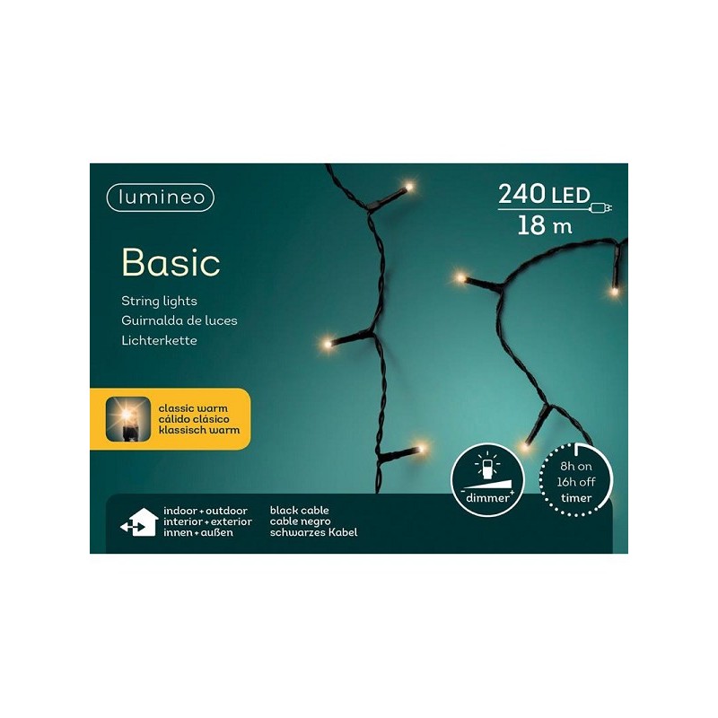 Guirlande lumineuse LED Lumineo 18m 240 lumières blanc chaud. Avec minuterie de 8 heures et fonction de gradation pour l'intérie
