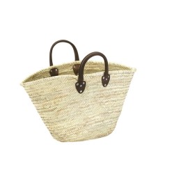 Sac en paille de palmier avec anses courtes en cuir de vachette renforcées et très épaisses