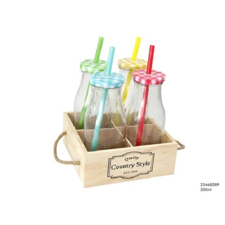 Verre à bouteille s/4 m/plateau en bois