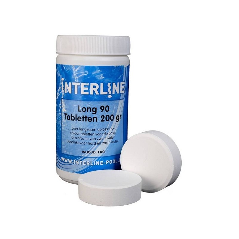 Interline chloortabletten GROOT a 200g  Long-90 verpakt in pot van 1Kg