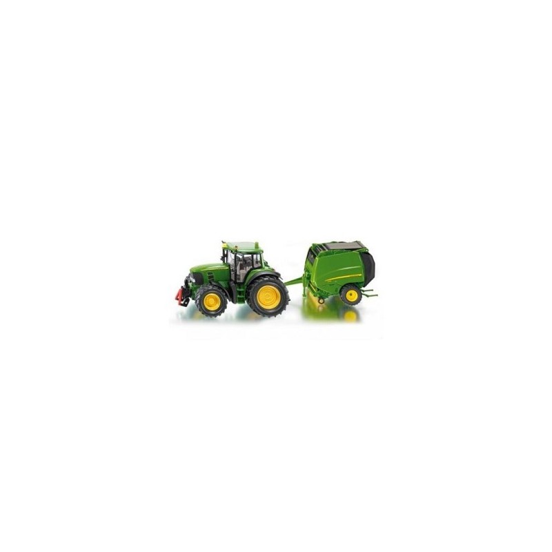 siku 1665, John Deere Tractor met balenpers inclusief 2 hooibalen, metaal/kunststof, groen, beweegbare onderdelen