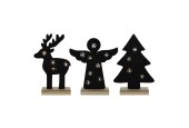 Vilt kerstfiguur op houten voet 8xLED engel 25x30cm/hert 19x32cm/boom 22x30,2cm, 2xAAA excl