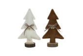 Kerstboom met strik suede look op houten voet 23cm wit/bruin